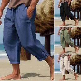 Men's Pants Drawstring Linen Summer Vacation Beach Cropped With Elastic Waist Deep Crotch Solid Colour For A