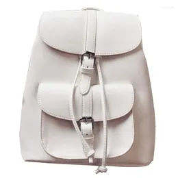 School Bags Fashionable Women's Pull-Rope Pu Leather Backpack Belt Decoration Schoolbag Student Shoulder Bag(White)