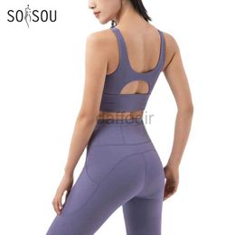 Women's Tracksuits SOISOU New Tracksuit Set Fitness Sportswear Stretch Soft Sports Suit Gym Clothes Bra Pocket Leggings Suit 24318