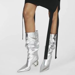 Boots Strange Shaped Heel Metallic Silver Boots Women's Sexy Ruffled Knee High Pointed Toe Leather Autumn PullOn Tall Dressy Boots