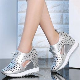 Boots Casual Shoes Women Genuine Leather Wedges High Heel Platform Pumps Shoes Female Lace Up Round Toe Fashion Sneakers Tennis Shoes