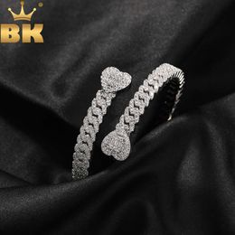 THE BLING KING Baguettecz Heart Miami Cuban Bracelet Micro Paved Cubic Zirconia Wrist Cuff Bangle Rapper Hiphop Jewelry