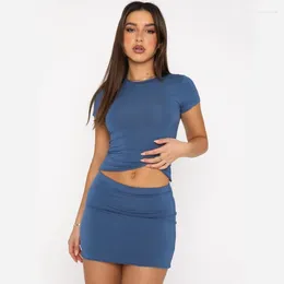Work Dresses Women Summer 2 Pieces Outfits Solid Color Short Sleeve Crop Tops And Wrapped Hip Mini Skirts Bodycon Casual Party Club Set