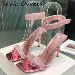 Sandals Summer Women Square Head Open Toe Crystal Decorative Slippers Sexy High Heels Outdoor Vacation Party Dress Shoes