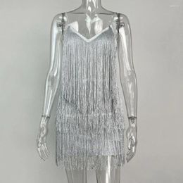 Casual Dresses Slim Fit Tassel Dress Elegant Latin Dance Club Wedding Mini With Shiny Fringe Spaghetti Straps For Women Backless