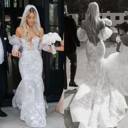 Düğün Berta Deniz Kızı Elbise Gelin Straplegs Puffy Sleeves Fulllace Boho Gelinlikler Gelin Gowns Süpürme Tren İllüzyonu Sırtsız Robe De Mariage