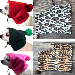 Dog Apparel Warm Pet Cap Casual Leopard Print Drawstring Adjustable Hat With Fur Ball Winter Fashion Headgear Party Cosplay Gift