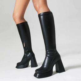 Boots Ultra High Tapered Thick Heeled Metal Side Zipper For Snug Comfort Elastic Boots Platform Concise Style Women's Knee Boots
