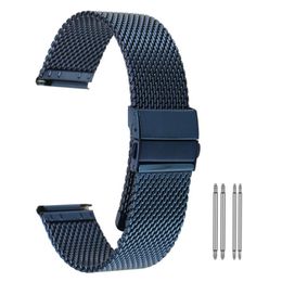 High Quality Yellow Gold Blue 18 20 22mm Mesh Stainless Steel Band Watch Strap Replacement Bracelet Straight Ends Hook Buckle290Z