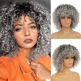 Synthetic Wigs 16 Inch African Curly Wigs for White Women - Kinky Curly Afro Wig with Bangs Ombre Grey Colour Synthetic Mixed For Women Use 240328 240327