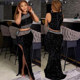 Work Dresses HLJ Fashion Luxury Rhinestone High Silt Skinny Skirts Two Piece Sets Women Round Neck Sleeveless Crop Top Party Clothing