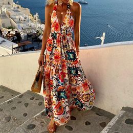 Floral Vacation Women's Summer New Arrival Fashionable Deep V-Neck Halter Backless Sleeveless Floral Print Beach Maxi Dress