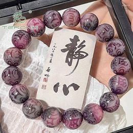 Strand Natural Purple Bodhi Root Beaded Bracelet Buddhist Beads Rosary Carved Lucky Hand String Men Women Energy Prayer Jewellery