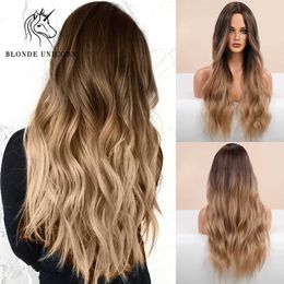 Synthetic Wigs Blonde Unicorn Synthetic Wig Ombre Blonde Brown Long Wigs Middle Part Hair Wig Daily Natural Wavy Heat Resistant Fiber for Women 240328 240327