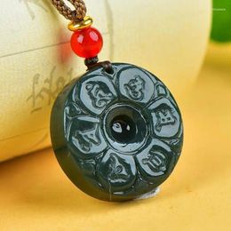 Pendants Genuine Natural Hetian Jades Nephrite Six-character Mantra Round Pendant Rope Chain Green Jade Buddhist Amulet Charms Necklace