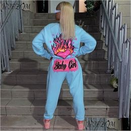 Women'S Two Piece Pants Womens Wjfzqm Long Sleeve Top Print Matching Sets Streetwear 2 Winter Outifits 2021 Sweatsuits For Women Dro Dh6Sy