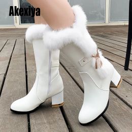 Boots New Winter Long Women's Boots Waterproof Leather Boots Metal Decoration Round Toe Fur High Heels Size 3443 K663
