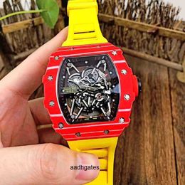 Red Richa Milles Mens Automatic Mechanical Watch Carbon Fiber Personalized Hollowed Out Tape Luminous Fashion Trend