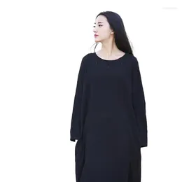 Casual Dresses Embroidery Maxi Dress Women Loose Cotton Linen O-Neck Long Sleeve Vintage 2024 Autumn Robes Fas