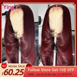 Synthetic Wigs Ying Hair Dark Burgundy 13x4 Lace Front Wig Human Hair Bone Straight 13x6 Lace Front Wig PrePlucked 5x5 Transparent Lace Wig 240329