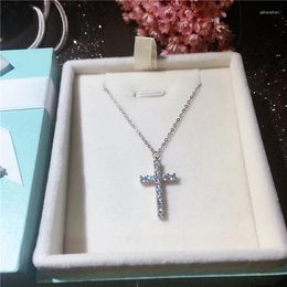 Pendant Necklaces Fashion Religious Belief Cross Full Sparkling Zircon Decorative Real 925 Sterling Silver Chain Necklace For Women