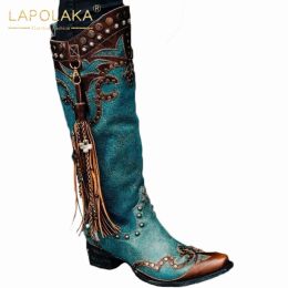 Boots Lapolaka Fashion New National Style Long Boots Female Embroidered Mosaic Bohemian Style Knee High Boots Woman Shoes