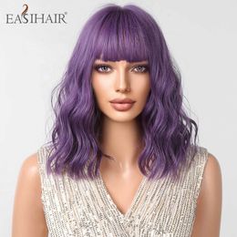 Synthetic Wigs EASIHAIR Short Purple Curly Wave Synthetic Wigs with Bangs Cosplay Bob Hairs Wig for Women Daily Party Heat Resistant Fiber Use 240328 240327