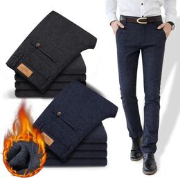 Men's Pants Winter 2024 Warm Casual Classic Style Business Fashion Thicken Slim Fit Fleece Trousers Black Blue Brand Clothes