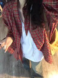 Women's Blouses American Retro Red Plaid Long-Sleeved Shirt For Women 2024 Spring And Autumn Tops Small Lazy Coat