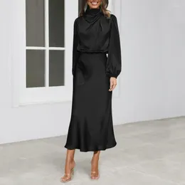 Casual Dresses Loose Mid-length Dress Elegant Satin Lantern Sleeve Evening For Wedding Cocktail Party With Half-high Collar Tight Waist