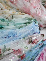Dresses Printed Mesh Tulle Fabric By The Meter for Wedding Dresses Hanfu Skirts Sewing Soft Thin Summer Yarn Flowers Blue Pink Encrypted