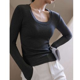 thread modal solid large round neck long sleeved bottom shirt for womens autumn slimming slim fit inner layup top over shoulder tshirt