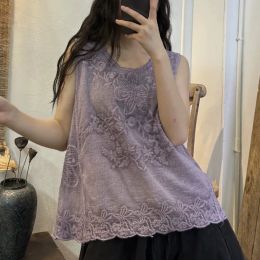 Tops 2023 Summer Women Vest Solid Color Lace O neck Cotton Embroidery Retro Loose Tank Tops Female YoYiKamomo