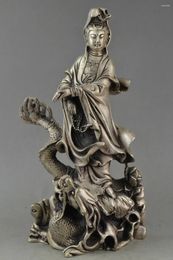 Decorative Figurines Collection Of Old China Miao Silver Dragon Carved Guanyin Bodhisattva Buddha Statue Decoration Metal Handicraft