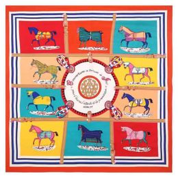 European and American Foreign Trade Silk Scarf Grid Ten Horses Printing 130cm Women's Twill Satin Large Kerchief Shawl Scarf