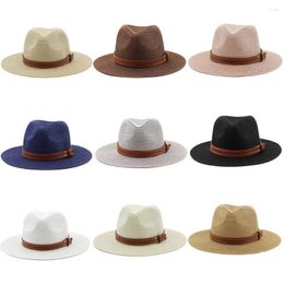 Berets Foldable Straw Hat Natural Summer Wide Brim Sun Cap UV Protection Leather Band Panama Women/Men