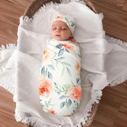 Blankets Soft Baby Swaddle Hat Fetal Cap Headband Wrap Born Set Print Elastic Wrapping Cloth Pography Props