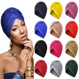 Ethnic Clothing Muslim Turban India Bonnet Pleated Striped Hat Hijabs Women Prayer Hats Instant Bottoming Cap Pure Colour Cancer Headscarf