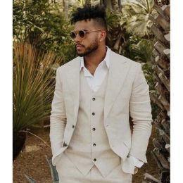 Suits Summer New Arrival Men Suits High Quality Thin Linen 3 Piece Fashion Peak Lapel Male Blazer Beige Wedding Groom Casual Tuxedo