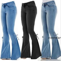 Kvinnor jeans mitt i midjan snör upp stretch kvinnor blossade byxor