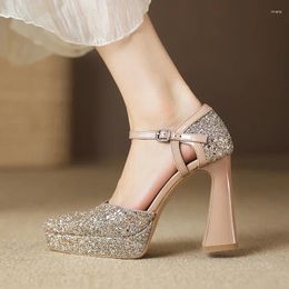 Sandals 2024 Summer Women Natural Leather Shoes 22-24.5cm Sequin Glit Material Cowhide Pigskin Ankle Buckle High Heels