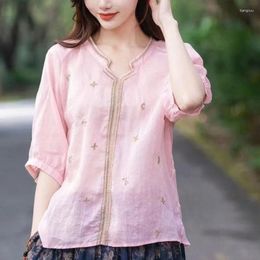 Women's Blouses Temperament Retro Embroidered V-neck Shirt Summer Fashion Versatile Loose Cotton Half Sleeves T-shirt Tops