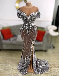 2022 Plus Size Arabic Beading Mermaid Split Prom Dresses Sheer Neck Short Sleeve Evening Formal Party Second Reception Gowns9907106