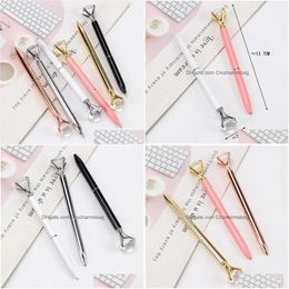 Other Desk Accessories Wholesale 16Pcs Big Diamond Crystal Pen Gem Ballpoint Ring Office Metal Roller Ball Black Rose Gold Sier Drop D Dhioa