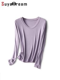 SuyaDream Womens Wool and Silk Blend T-Shirt Round Neck Long Sleeved Basic Tee Monochromatic Pink White Fall Winter 240311