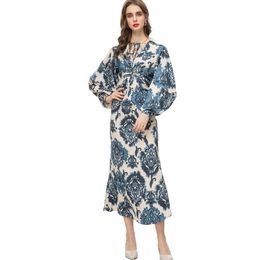 Women's Runway Dresses V Neck Long Lantern Sleeves Sexy Keyhole Printed Floral Ruched Elegant Designer Vestidos