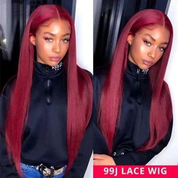 Synthetic Wigs Burgundy 13x4 Straight HD Lace Frontal Wigs Human Hair 180% 99j Red Coloured Glueless Lace Front Human Hair Wigs 4x4 Closure Wig 240328 240327