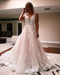 Romantic Lace Tulle Wedding Dresess Sexy V Neck A Line Appliques Open Back with Buttons Long Bridal Gowns Custom Made robe de mariage BC18399