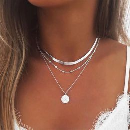 2024 Boho Necklaces Pendants Vintage Multilayer Choker 14K White Gold Necklace Women Fashion Collar Collier Femme Moon Jewelry Accessories