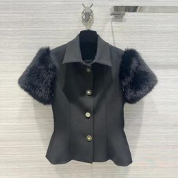 Women's Suits 2024 Fashion Faux Fur Bubble Short Sleeves Slim Fit Blazer Jacket Women Turn-down Collar Single Breasted Sweet Suit Coat